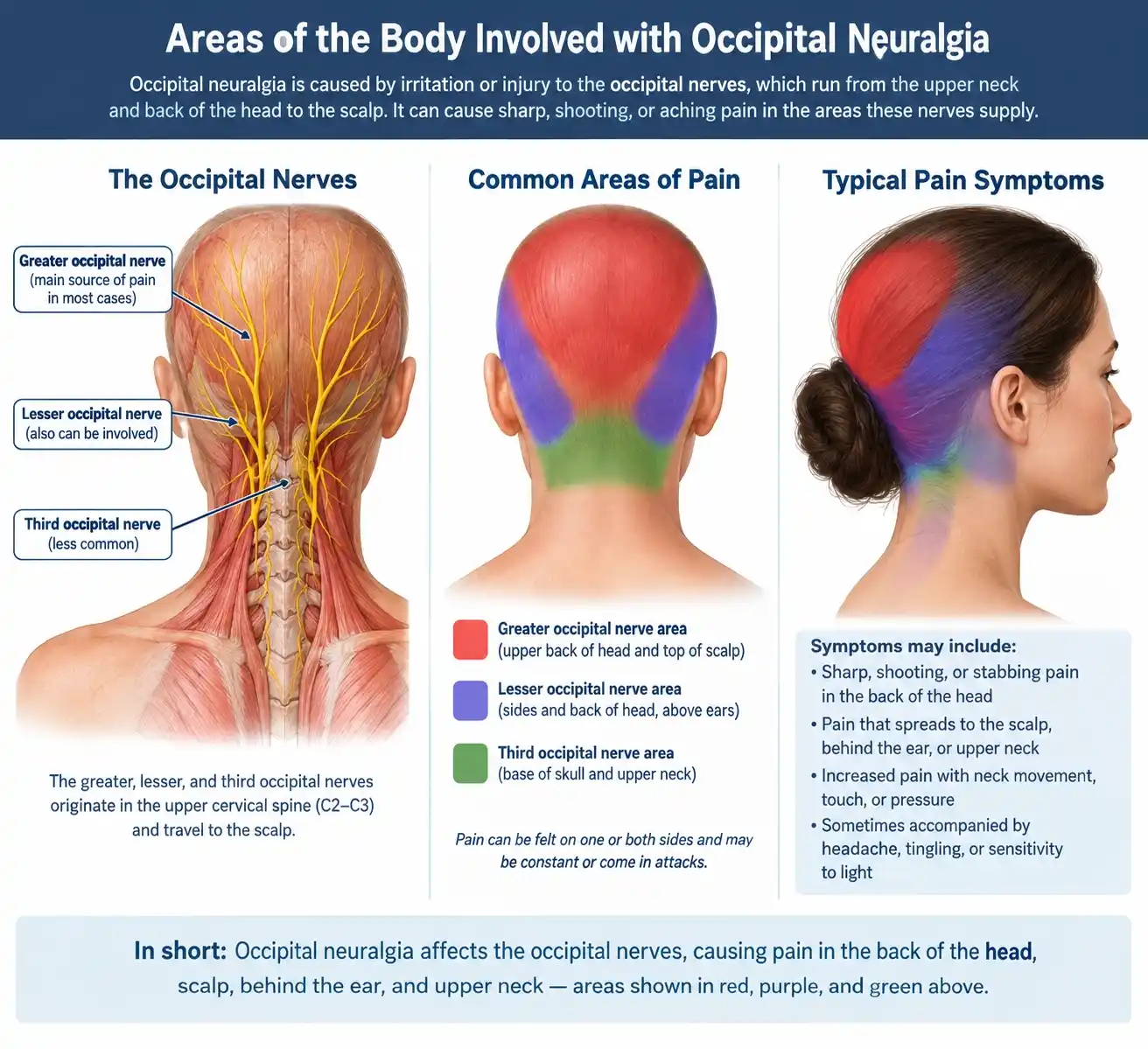 Occipital Neuralgia Pain Areas And Occipital Nerve Anatomy Illustration